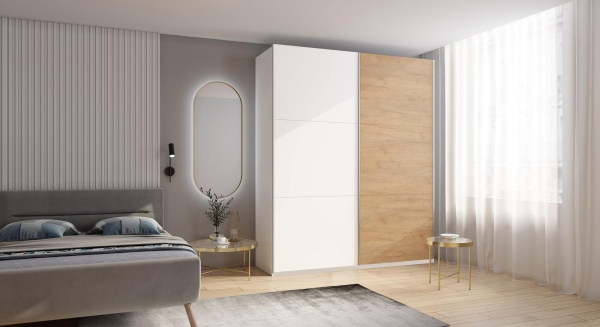 Шкаф-купе ЛАЙТ Е1, 240х200х58, ЛДСП, Белый перламутр/Дуб золотой, с ящиками, полками и штангами