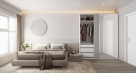 Шкаф-купе с зеркалом ЛАЙТ Е1, 220х200х58, ЛДСП, Шиншилла, с ящиками, полками и штангами