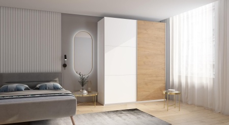 Шкаф-купе ЛАЙТ Е1, 220х160х58, ЛДСП, Белый перламутр/Дуб золотой, с ящиками, полками и штангами