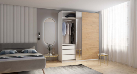 Шкаф-купе с зеркалом ЛАЙТ Е1, 240х200х58, ЛДСП, Дуб золотой, с ящиками, полками и штангами