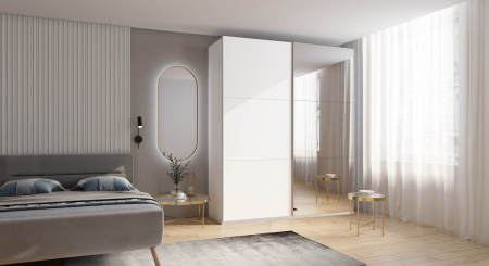 Шкаф-купе с зеркалом ЛАЙТ Е3, 220х120х58, ЛДСП, Белый перламутр, с ящиками, полками и штангой