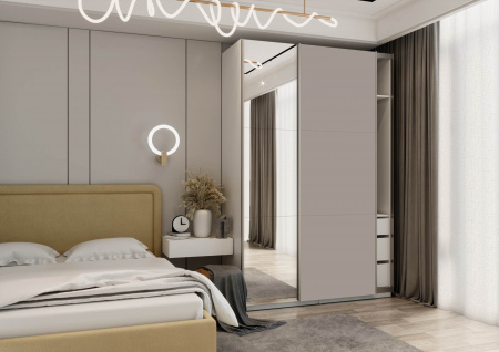 Шкаф-купе с зеркалом ЛАЙТ Е1, 220х160х58, ЛДСП, Кашемир, с ящиками, полками и штангами