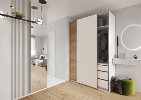 Шкаф-купе ЛАЙТ Е1, 220х160х58, ЛДСП, Дуб золотой/Кашемир, с ящиками, полками и штангами