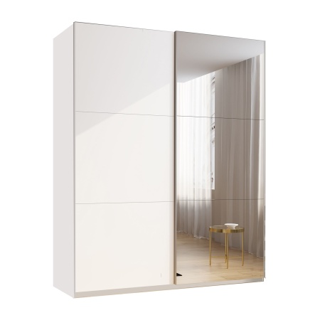 Шкаф-купе с зеркалом ЛАЙТ Е1, 220х200х58, ЛДСП, Белый перламутр, с ящиками, полками и штангами