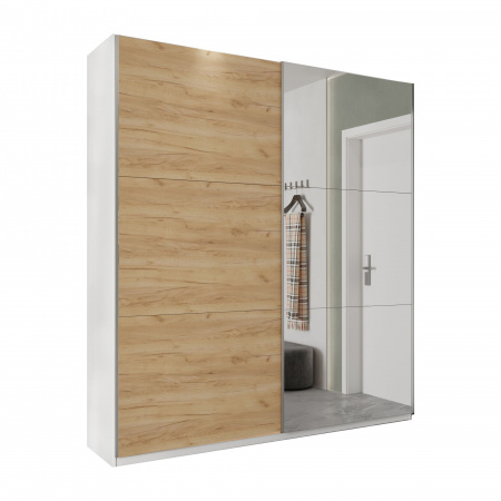 Шкаф-купе с зеркалом ЛАЙТ Е3, 240х200х58, ЛДСП, Дуб золотой, с ящиками, полками и штангой