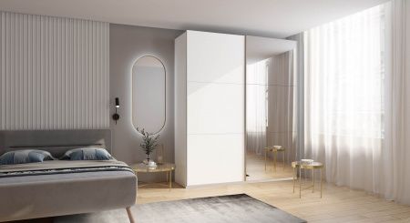 Шкаф-купе с зеркалом ЛАЙТ Е2, 220х200х58, ЛДСП, Белый перламутр, с полками и штангами