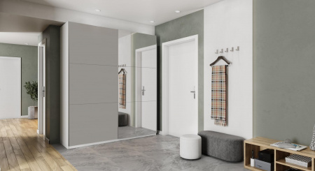 Шкаф-купе с зеркалом ЛАЙТ Е1, 240х200х58, ЛДСП, Шиншилла, с ящиками, полками и штангами