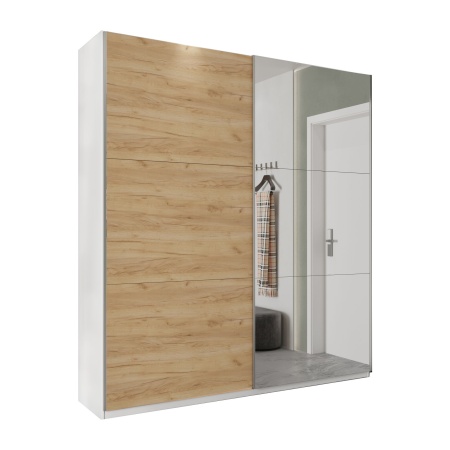 Шкаф-купе с зеркалом ЛАЙТ Е2, 220х200х58, ЛДСП, Дуб золотой, с полками и штангами