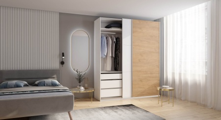 Шкаф-купе ЛАЙТ Е1, 220х160х58, ЛДСП, Белый перламутр/Дуб золотой, с ящиками, полками и штангами