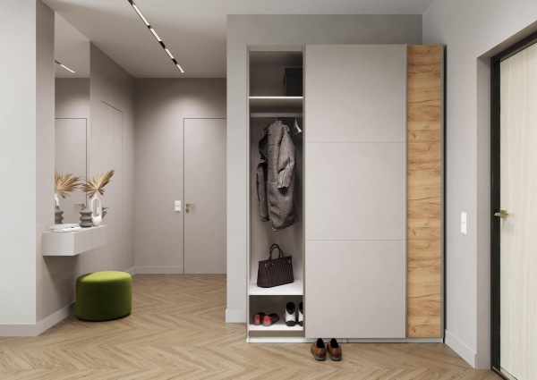 Шкаф-купе ЛАЙТ Е1, 220х120х58, ЛДСП, Дуб золотой/Кашемир, с ящиками, полками и штангами