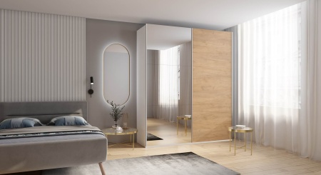 Шкаф-купе с зеркалом ЛАЙТ Е2, 220х200х58, ЛДСП, Дуб золотой, с полками и штангами